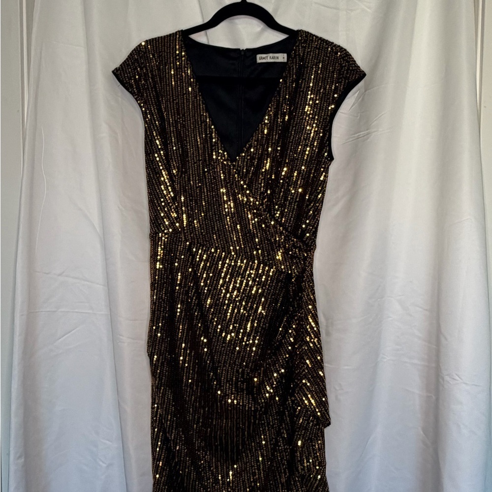 Grace Karin Black and Gold Sequin Midi V-neck Bodycon cocktail Dress - Picture 6 of 6